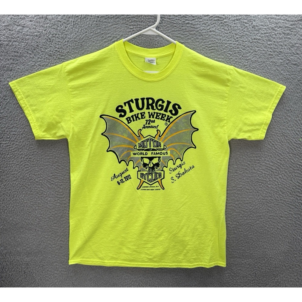 Gildan‎ Shirt Adult Large Yellow Crewneck Sturgis Biker Motorcycle Skull Grunge